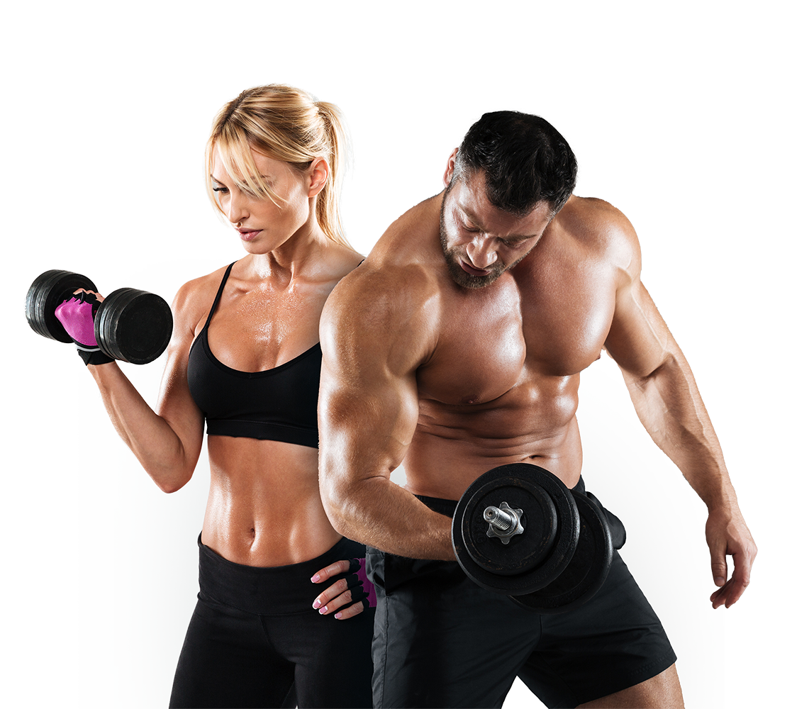 male and female fitness models holding dumbbells