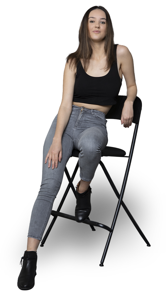 hunter talent female model sitting on a folding chair